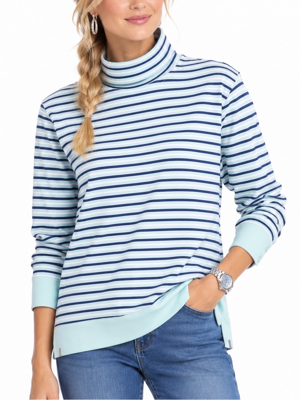 T by Talbots Blue & White Mock Neck Pullover SZ M EUC